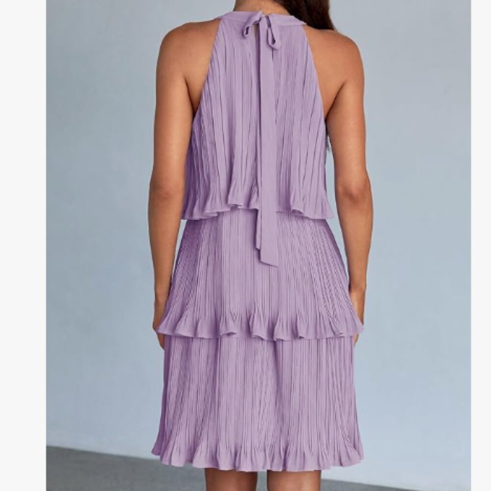 NWT Lilac Pleated Tiered Dress – Sleeveless Halter Neck - Picture 3 of 6